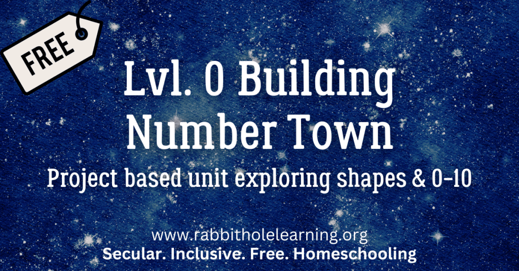 Promotional graphic for 'Building Number Town', featuring the title and description of the project-based unit that explores shapes and numbers 0-10, set against a starry background with a 'FREE' tag.