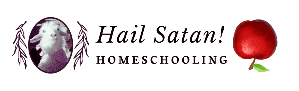 Logo of 'Hail Satan! Homeschooling' featuring a playful goat and an apple, emphasizing secular and inclusive homeschooling.