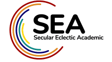 Logo of Secular Eclectic Academic (SEA) featuring colorful circular designs around the text.