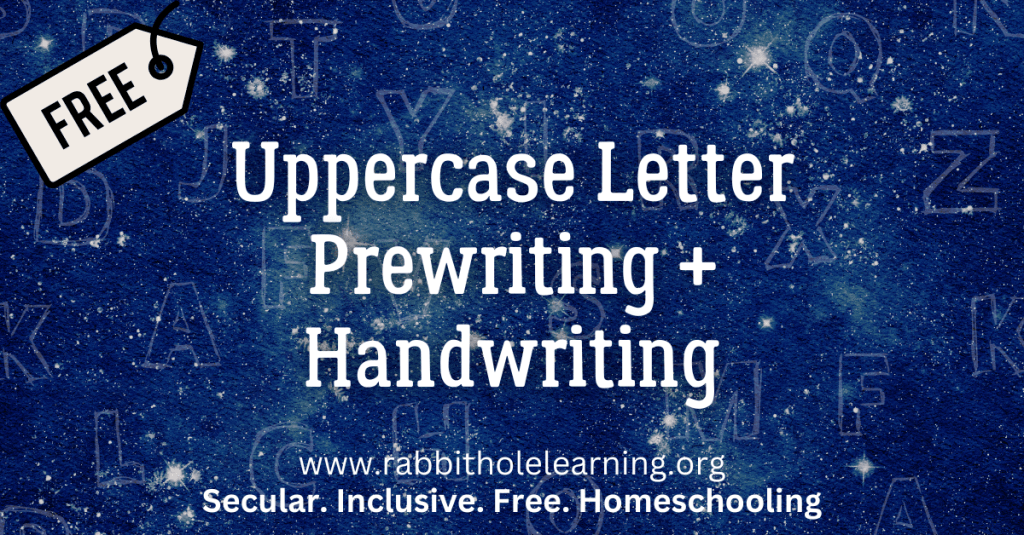 Graphic promoting a free resource for uppercase letter prewriting and handwriting, featuring a starry background and text: 'Uppercase Letter Prewriting + Handwriting'.