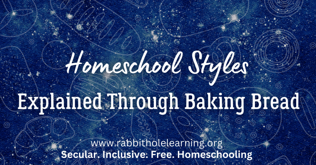 A graphic illustrating various homeschooling styles, titled 'Homeschool Styles Explained Through Baking Bread.' The background features starry patterns with organic shapes, and includes the website URL for additional resources.