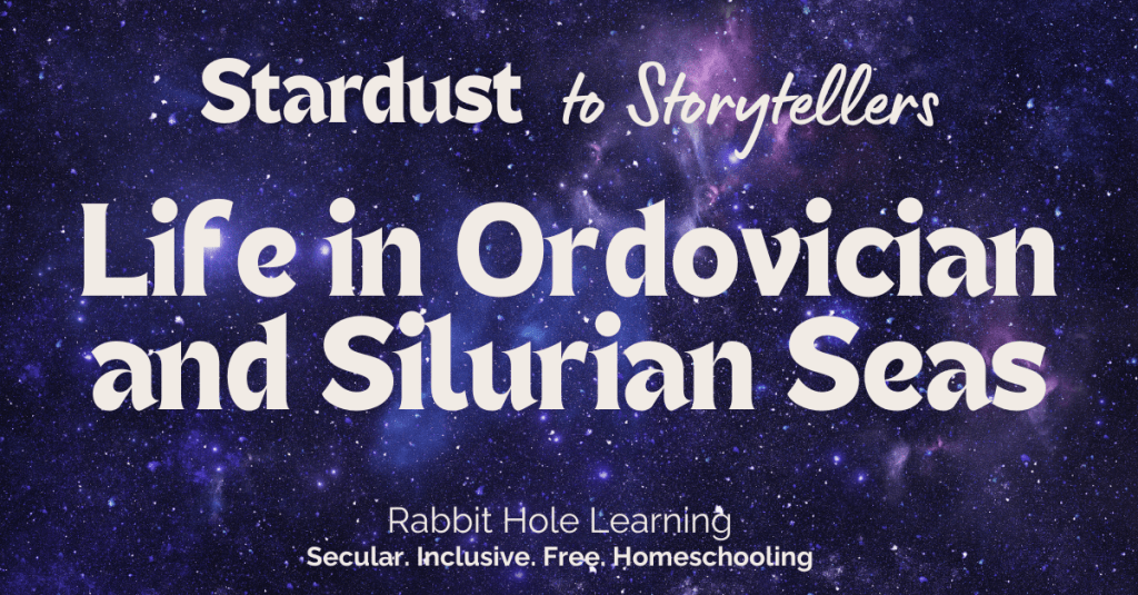 Text graphic titled 'Stardust to Storytellers' featuring 'Life in Ordovician and Silurian Seas', with a cosmic background and a description of Rabbit Hole Learning as secular, inclusive, and free homeschooling.