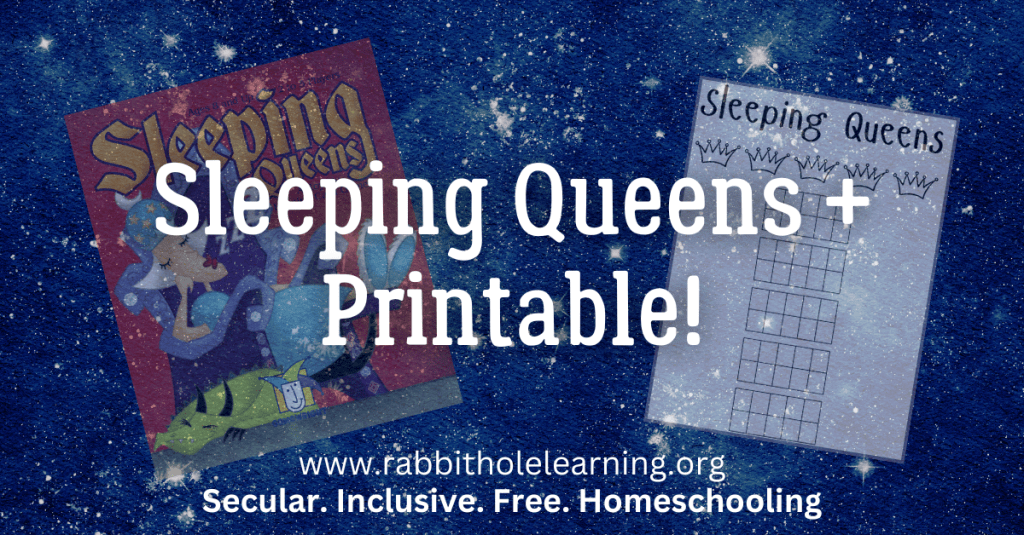Cover image for the game 'Sleeping Queens' featuring colorful artwork with queens and a dragon, alongside a printable score sheet.