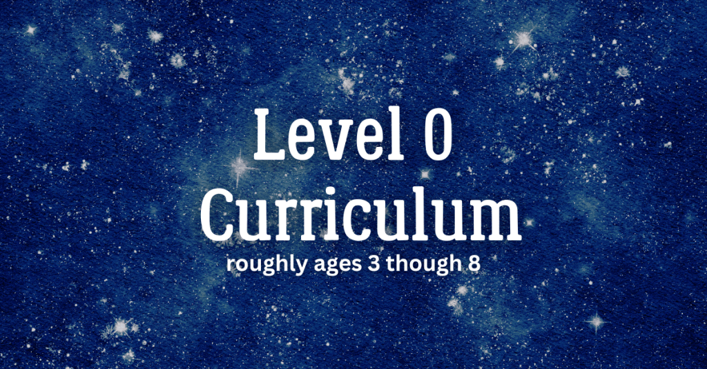 Graphic featuring a title 'Level 0 Curriculum' for educational materials aimed at children roughly ages 3 through 8, with illustrations of open books and decorative elements in the background.