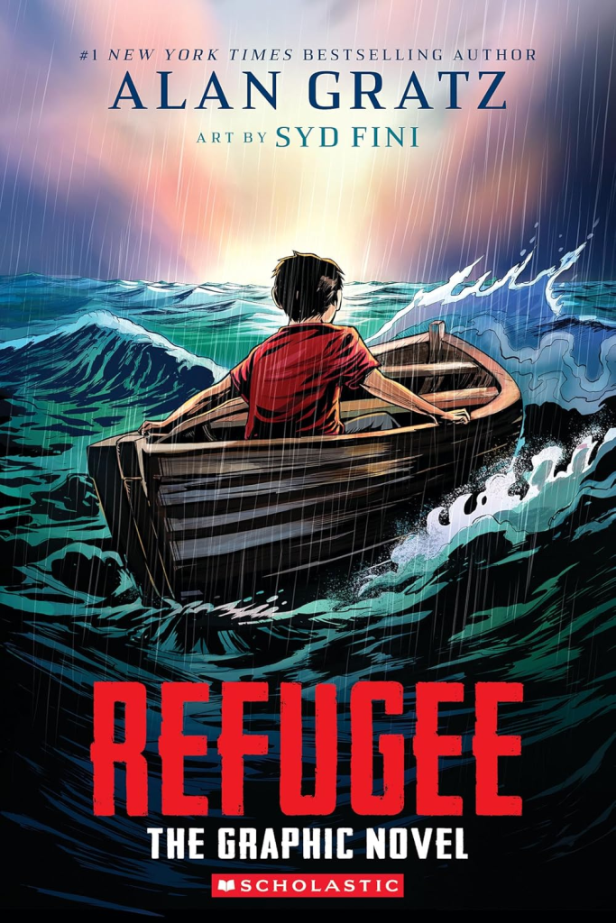 Cover of the graphic novel 'Refugee' by Alan Gratz, featuring a young boy in a small boat navigating turbulent seas under a stormy sky.