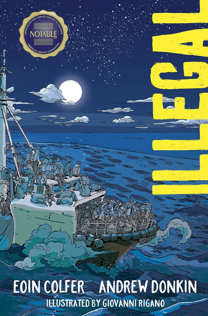 Cover illustration of the graphic novel 'Illegal' by Eoin Colfer and Andrew Donkin, featuring a crowded boat on tumultuous seas under a starry night sky with a full moon.