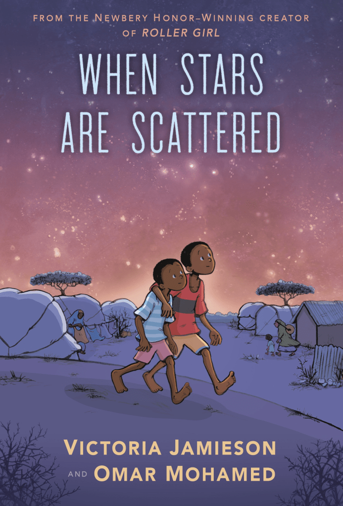 Cover of the graphic novel 'When Stars Are Scattered' featuring two young boys walking in a desolate landscape under a starry sky, with trees and tents in the background.