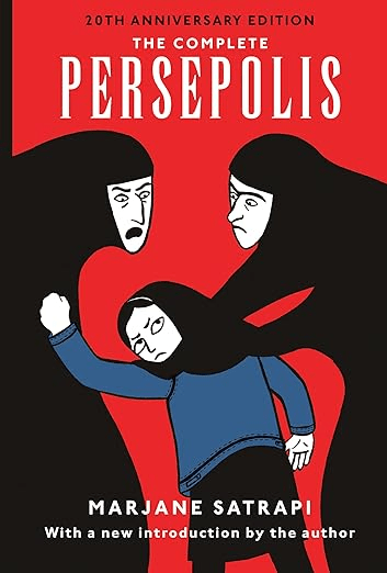 Cover of 'The Complete Persepolis' by Marjane Satrapi, featuring a red background with illustrated characters in black and white, depicting themes of struggle and identity.