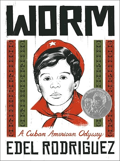 Cover of the book 'WORM: A Cuban American Odyssey' by Edel Rodriguez, featuring an illustration of a young boy in a red hat and shirt with a star, framed by decorative vertical bands.