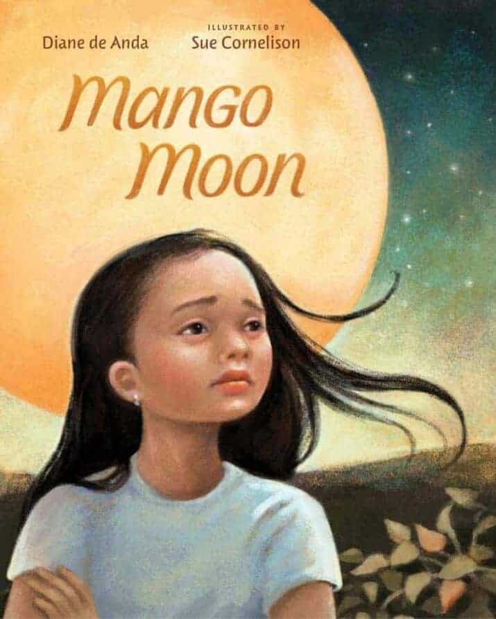 Cover of the book 'Mango Moon' featuring a young girl with long dark hair looking thoughtfully towards a large glowing moon, surrounded by a starry sky and greenery.
